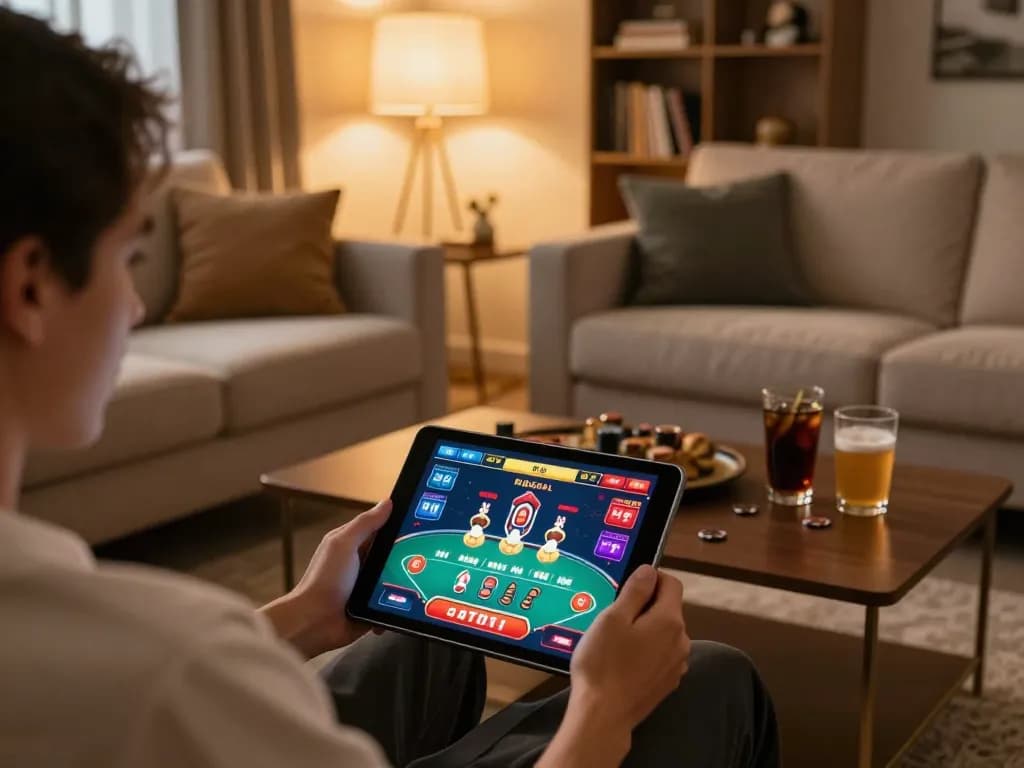 Engaging in online gaming with ทางเข้า m103 on a tablet in a cozy home setup.