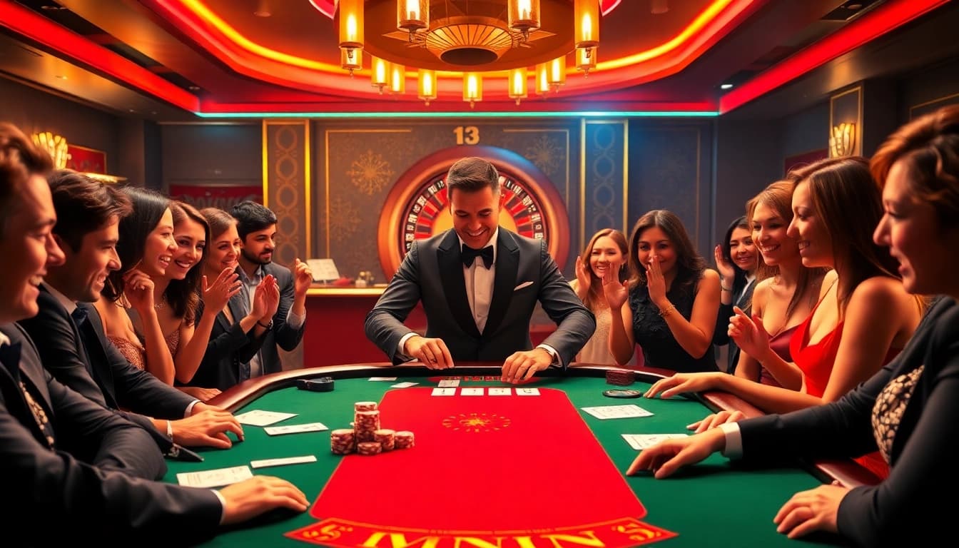 Players enjoy a thrilling poker game at 13Win casino, showcasing excitement and camaraderie.