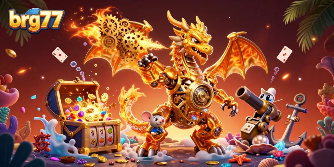 Engage with brg77's exciting slots as a golden dragon breathes gears in a vibrant scene.
