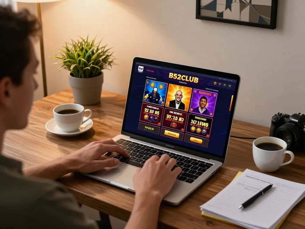 B52CLUB player strategizing on laptop at home, showcasing online gambling excitement and responsible gaming.
