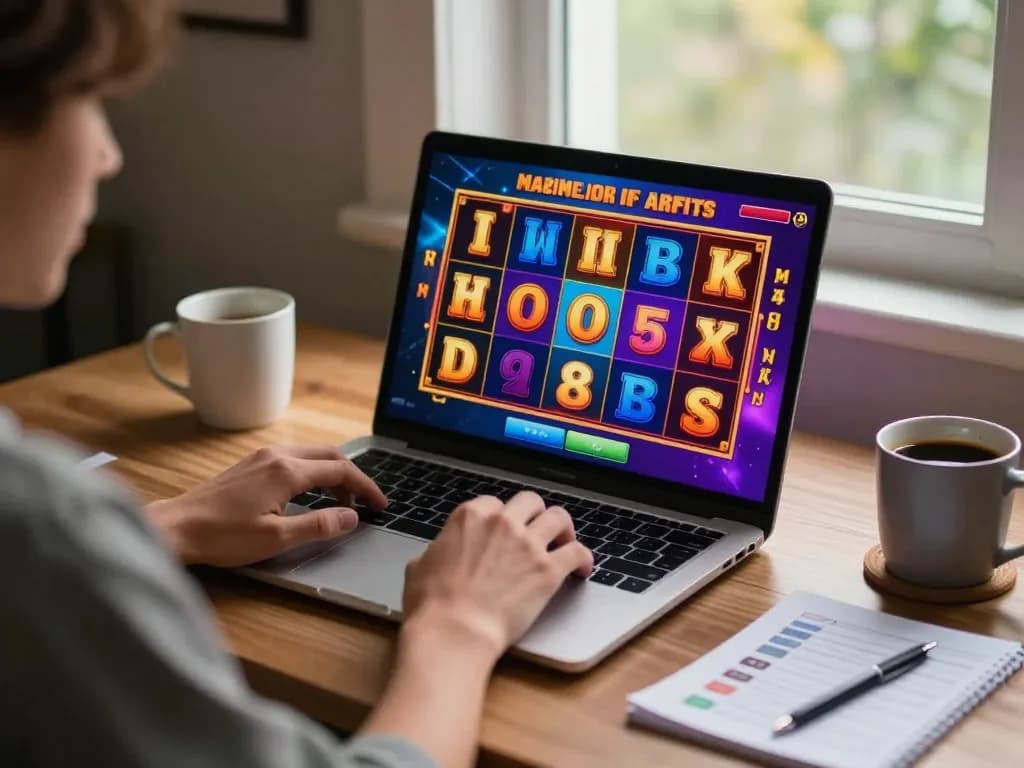 Player enjoying situs slot games on a laptop, winning combinations displayed, cozy atmosphere