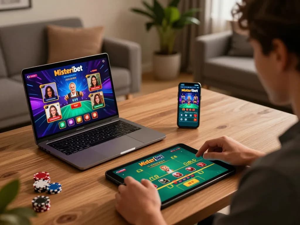 Misteribet player immersing in online casino gaming with almlive tablet interface shining with excitement.