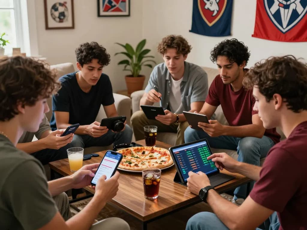 Teman-teman mendiskusikan strategi taruhan mix parley di rumah dengan statistik olahraga ditampilkan di perangkat.