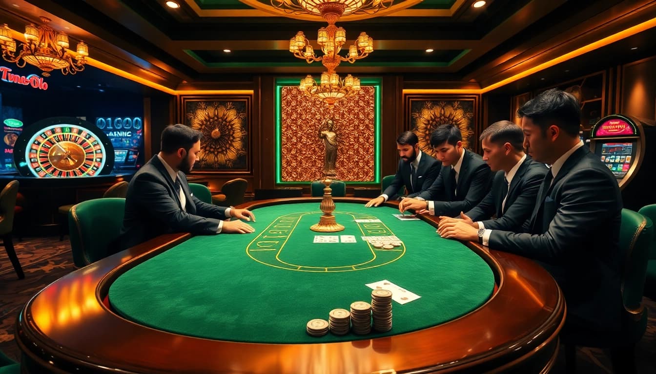 Join the excitement at 789win223.com with professional poker players at an upscale casino table.