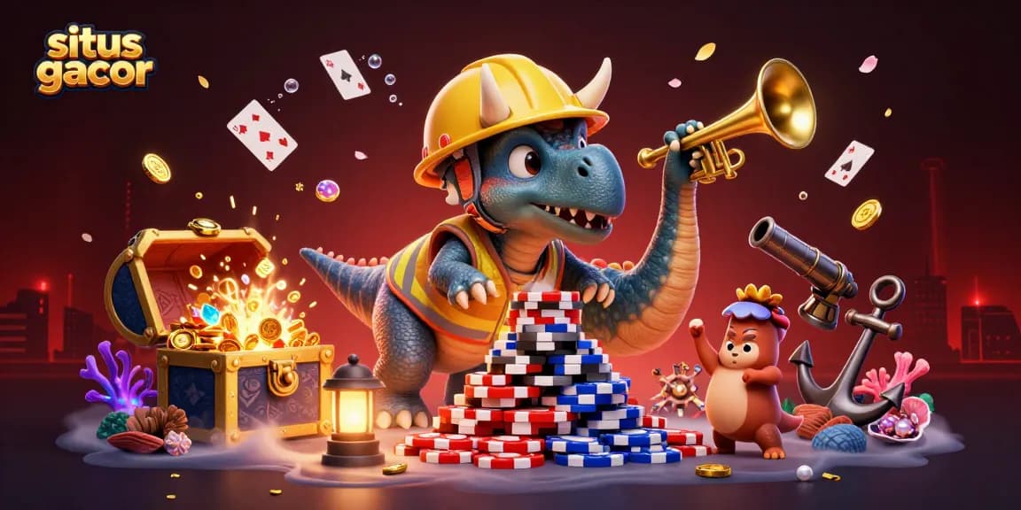 Engage with situs gacor as a cartoon triceratops builds a poker chip pyramid in an exciting casino-themed scene.
