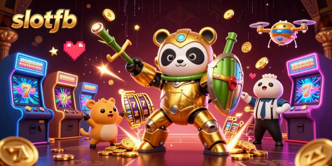 Menghadirkan pengalaman slotfb dengan panda emas 3D dalam robot tempur di arena kasino yang meriah.