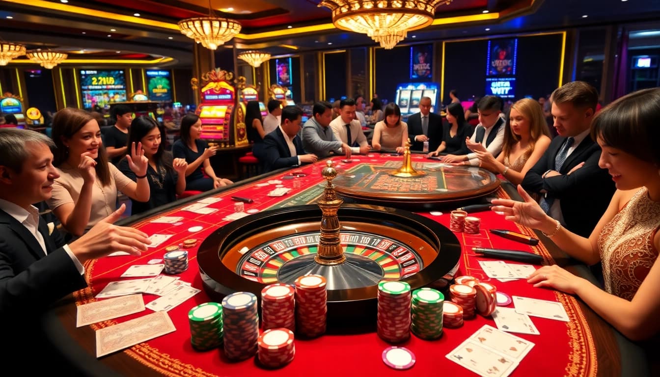 Cucu 777 online gambling interface with vibrant casino tables and players enjoying poker and roulette.