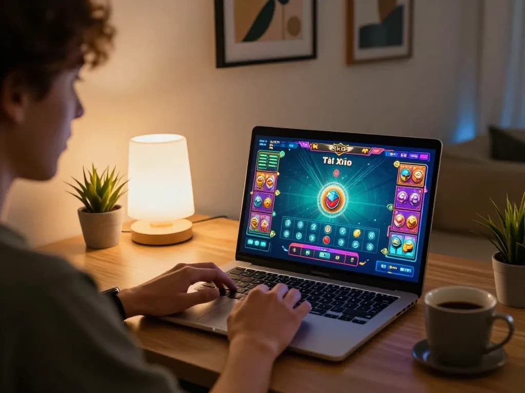 Tài xỉu online gameplay on a laptop showcasing an engaging and interactive gaming setup at home.