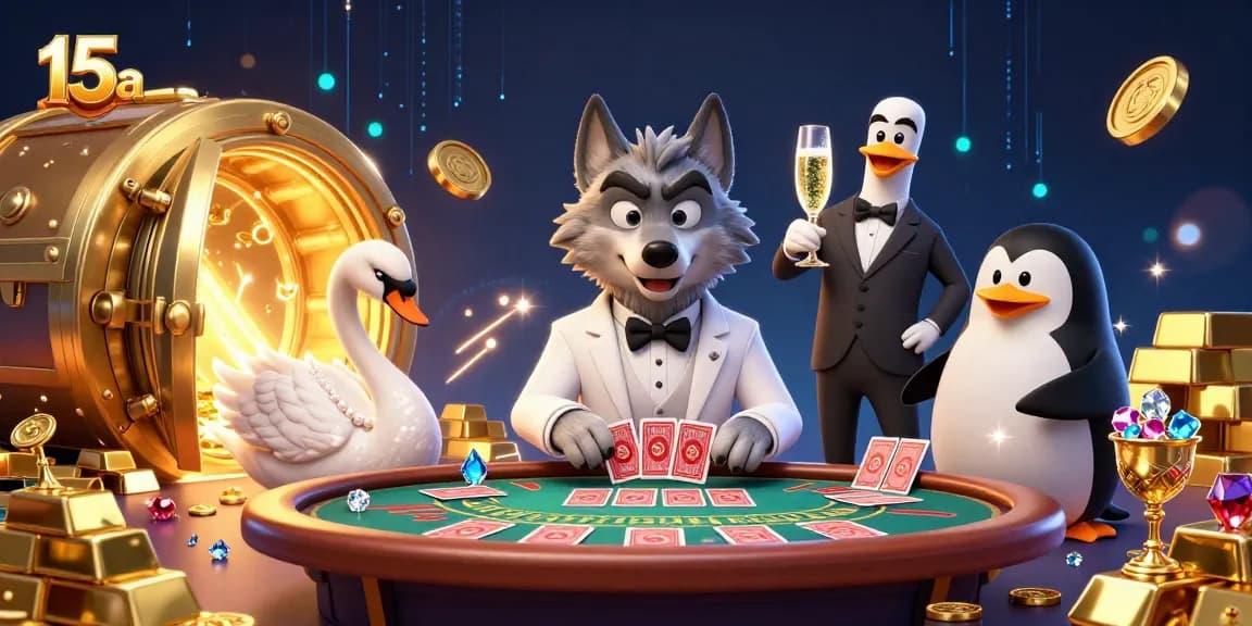 O 15a oferece uma experiência de jogo abrangente, com um lobo elegante jogando baccarat em um cassino vibrante.