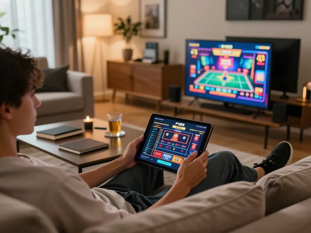 Engaging online gaming experience on https://f168.sarl/ with vibrant casino games displayed on tablet in cozy living room