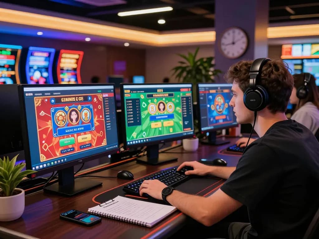 Engaging scene of a user playing at Nhà cái 789P online casino with vibrant graphics and multiple screens showcasing games.