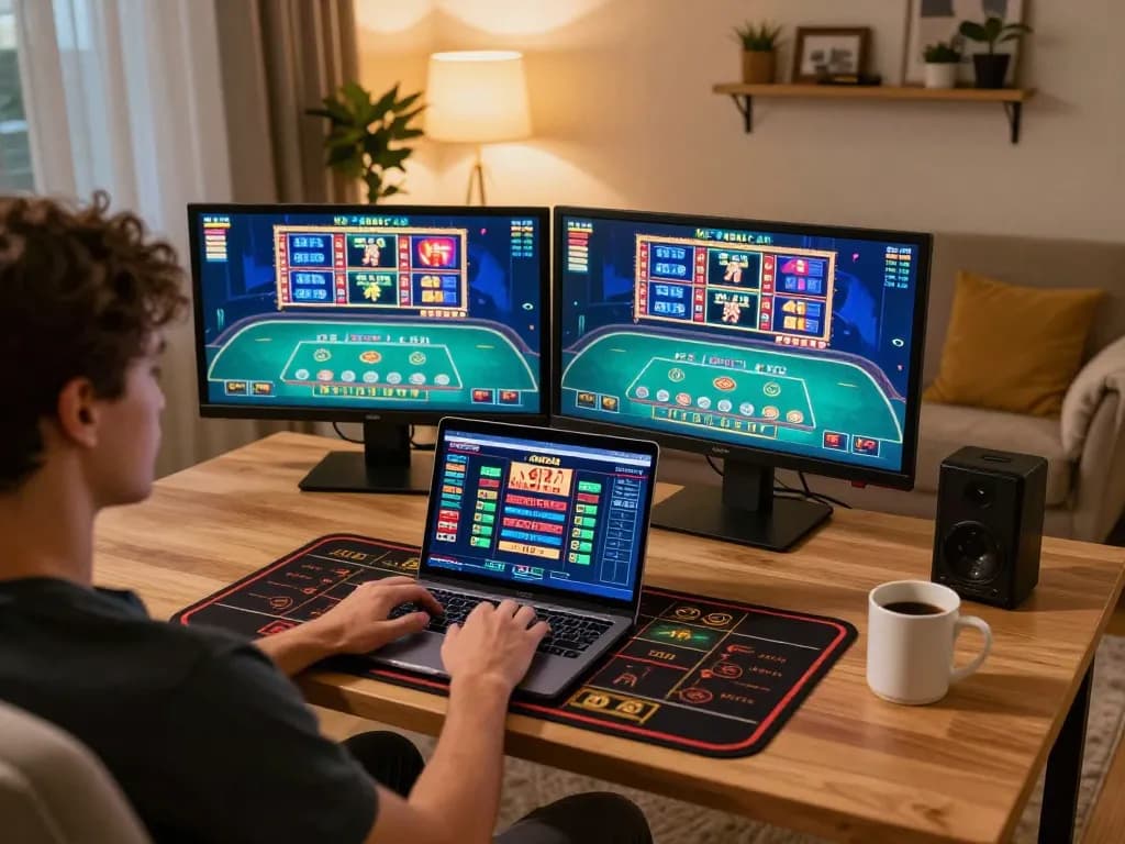 Player strategizing on dash88 while enjoying a comfortable home gaming setup with a laptop and betting guides.