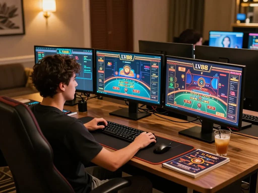 Engaging online gaming scene showcasing LV88 with multiple game displays and a strategic setup.