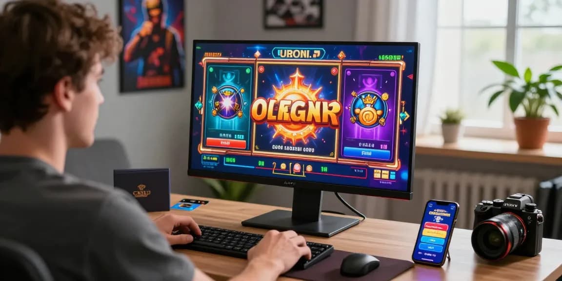 Exciting gaming moment at credit card casinos at https://ibn.org.uk, featuring a player engaging with vibrant video slots, surrounded by gaming decor and promotional bonuses.