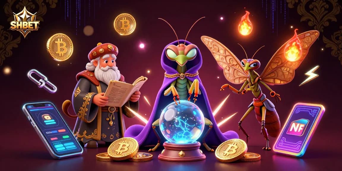 Experience SHBET gaming with a mystical fortune teller, crypto coins, and vibrant casino elements.