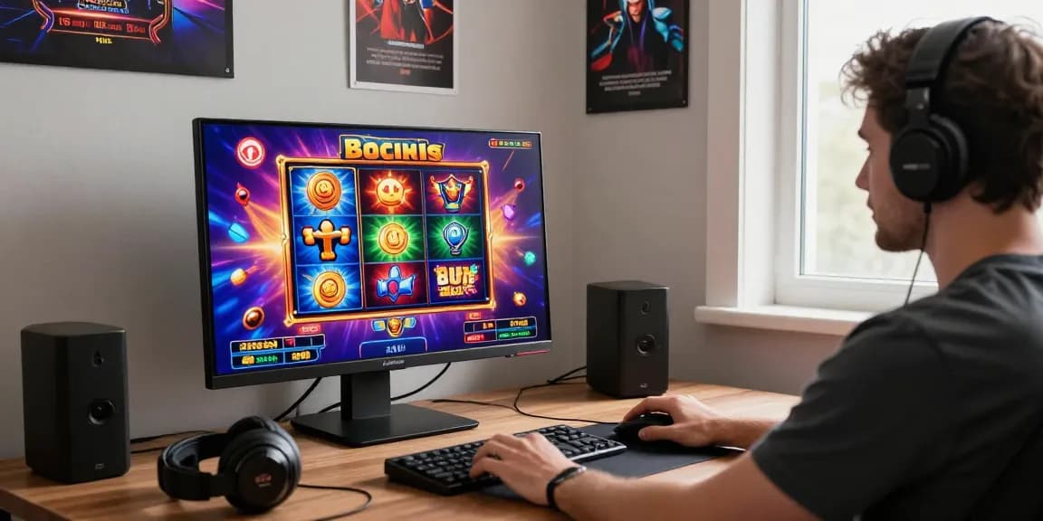 Engaging player immersed in bonus buy slots in vibrant home gaming setup with exciting visuals and cozy atmosphere.