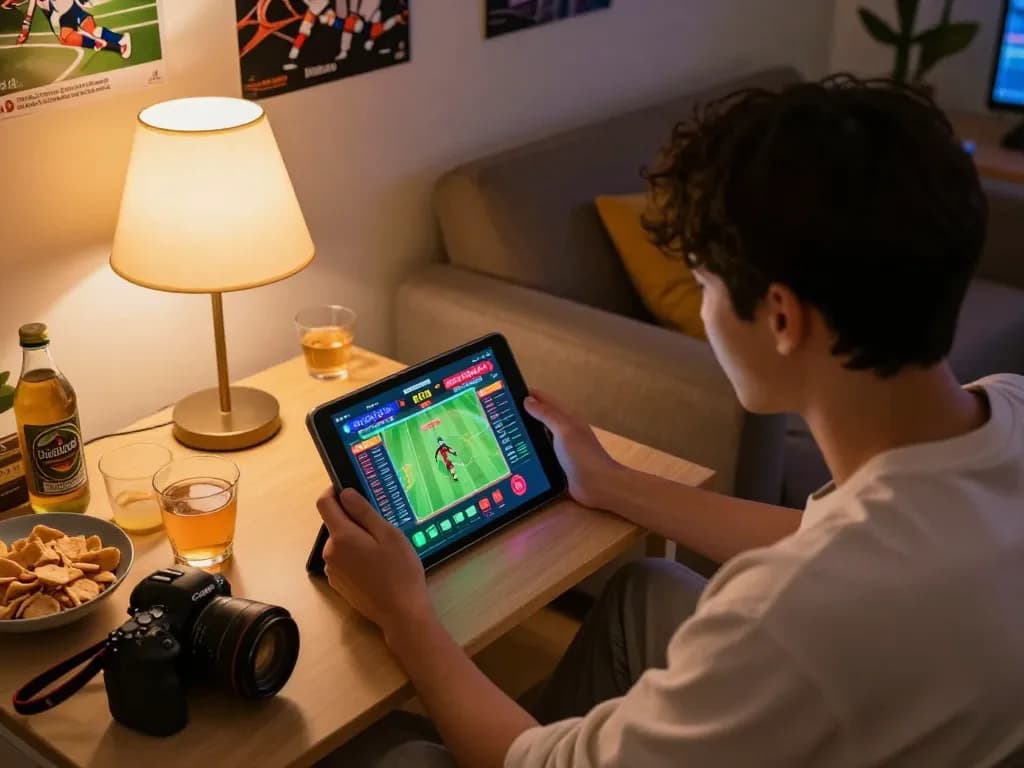 Player at home using tip88 sports betting app on tablet amidst warm lighting and snacks