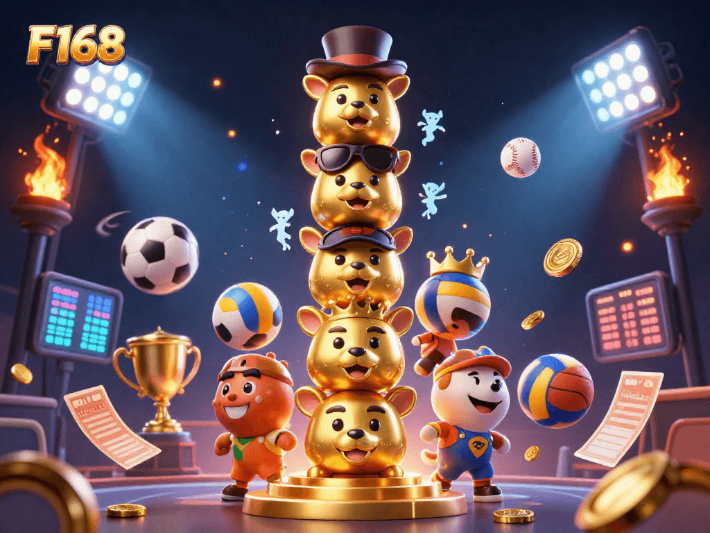 Bet on F168 for a vibrant gaming experience with golden totem and dynamic sports elements.