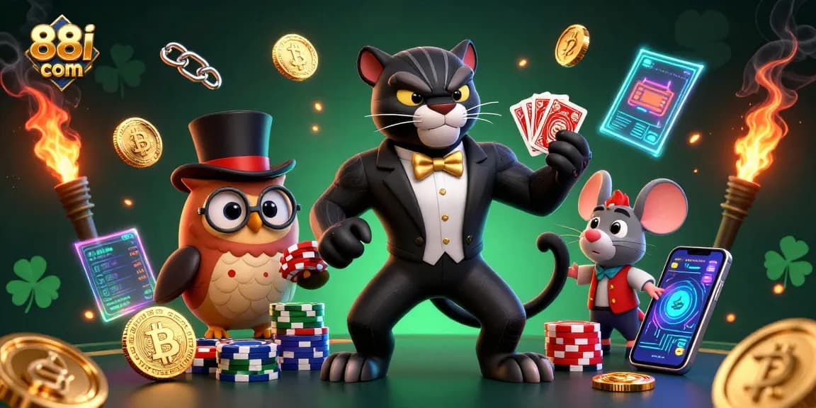 Experience thrilling gaming at 88i com with a stylish panther dealer, vibrant chips, and crypto coins.