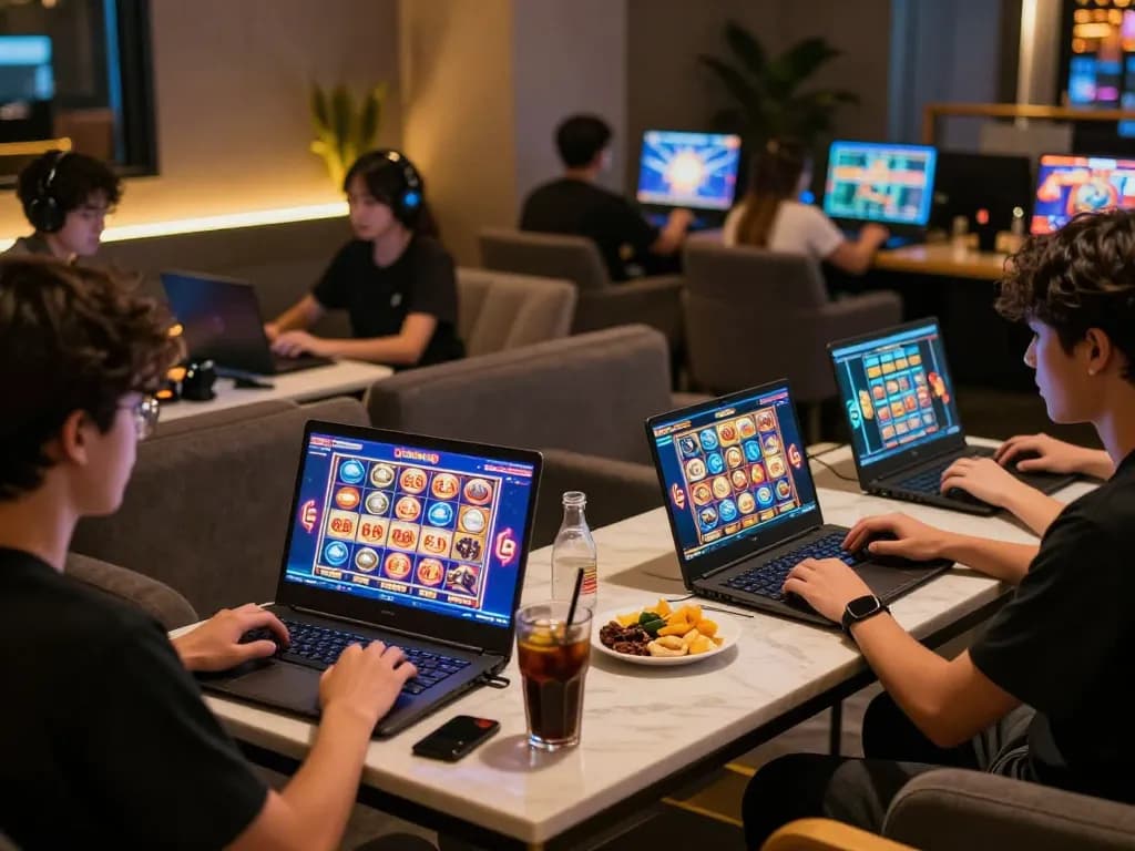 Players engaging with planet88 slot games on laptops in a cozy gaming lounge atmosphere.