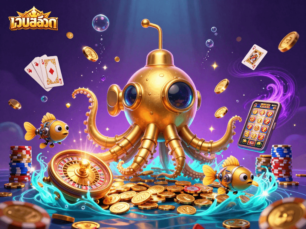 Engage in เว็บสล็อต excitement with a vibrant 3D illustration featuring a golden kraken submarine amidst a wealth of casino elements.