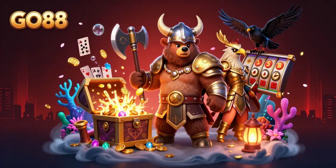 Experience thrilling gameplay at GO88 with a Viking berserker, gold treasures, and slot reels.