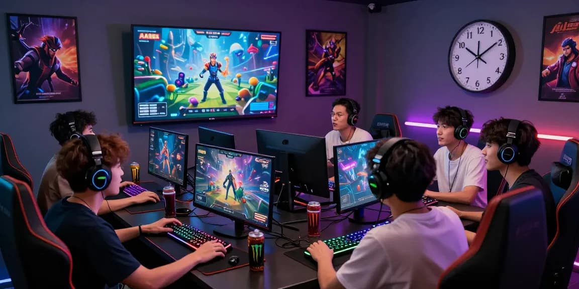 Exciting gaming scene with friends enjoying AA88 COM together, showcasing vibrant atmosphere and competitive spirit.
