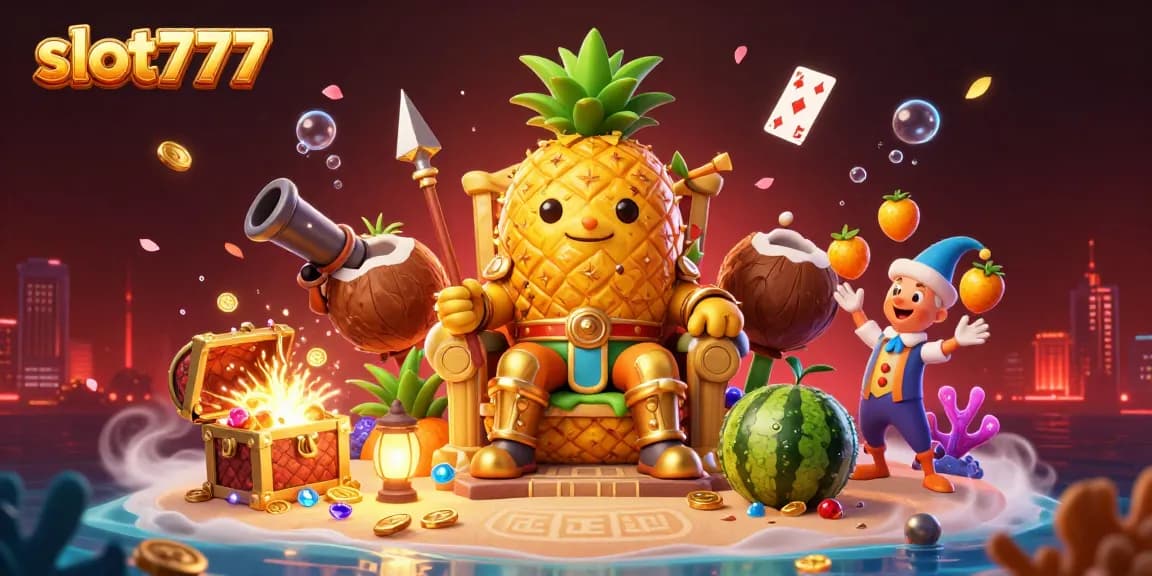 Experience slot777 excitement with a vibrant casino scene featuring a golden pineapple king, magical treasures, and playful elements.