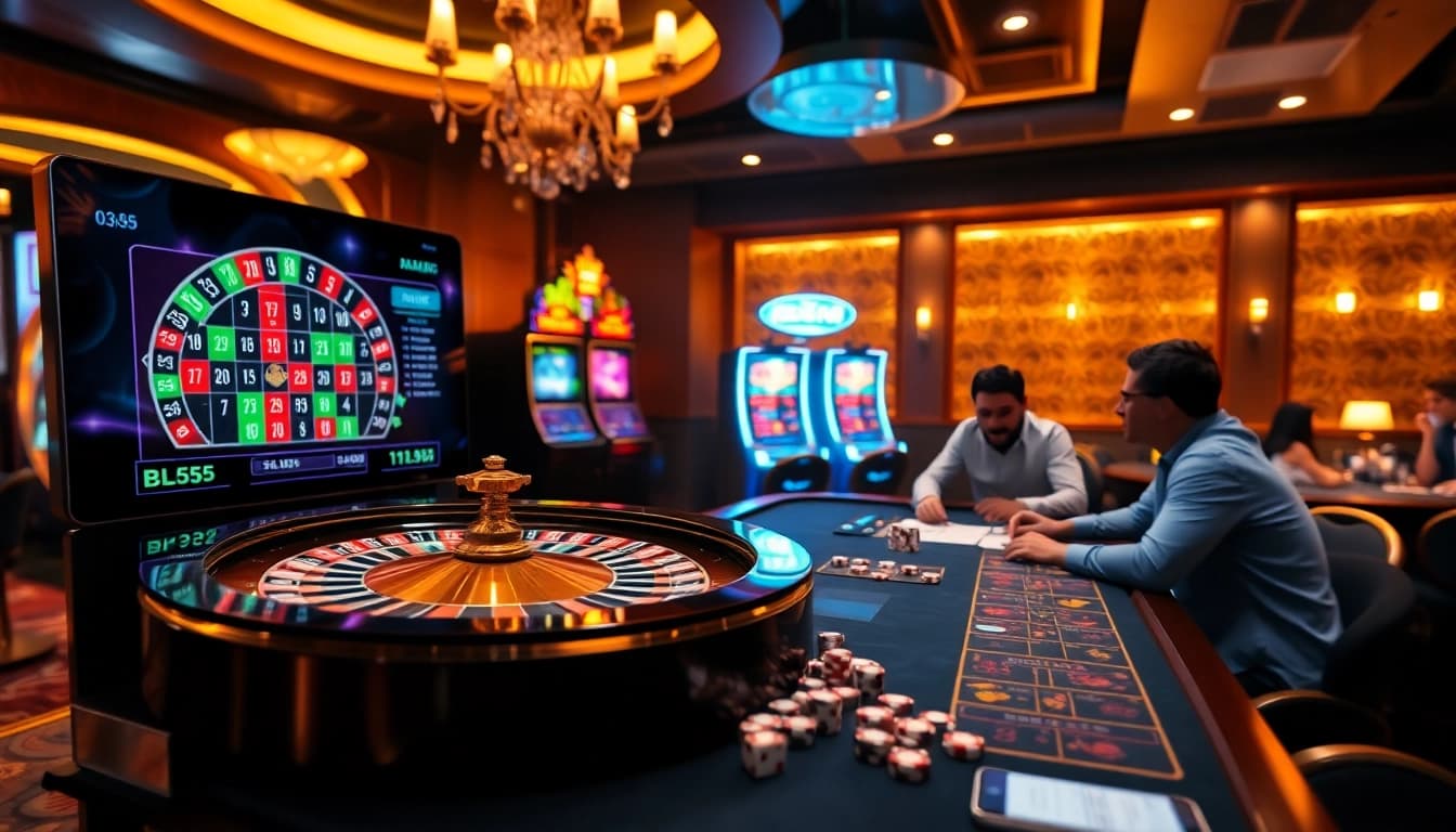 Experience the excitement of BL555 in this vibrant online casino scene with poker, slots, and roulette.