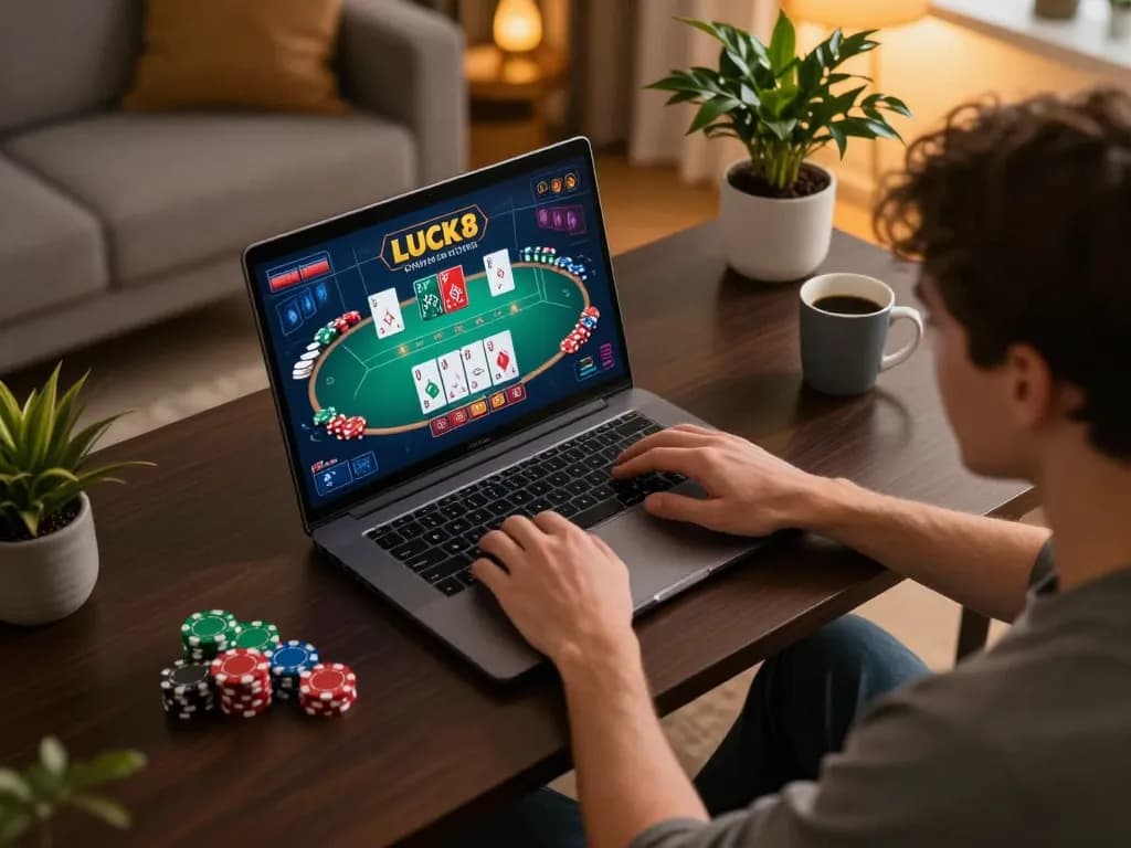 Người chơi LUCK8 tham gia vào hành động poker trực tuyến chiến lược tại nhà với laptop và bộ bài hiển thị.