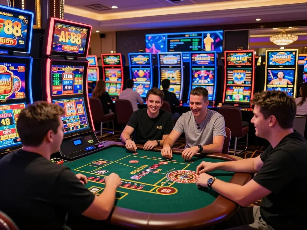 Exciting AF88 online casino gaming experience with live dealer games and vibrant slot machines in a luxurious digital setting.