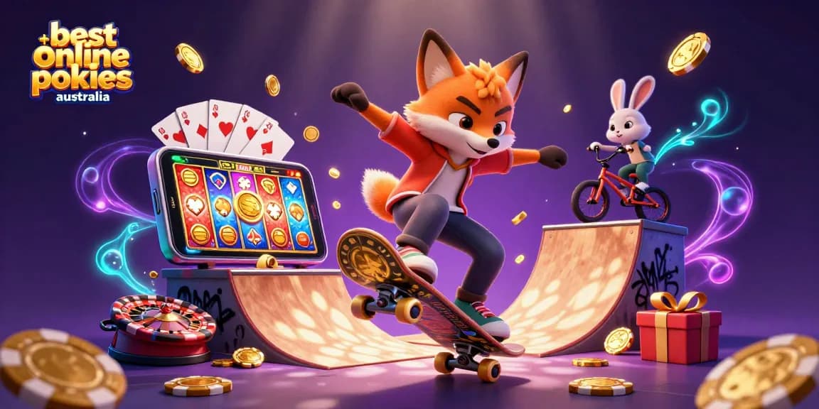 Experience the thrill of best online pokies australia with a fox and rabbit in a vibrant 3D casino scene.