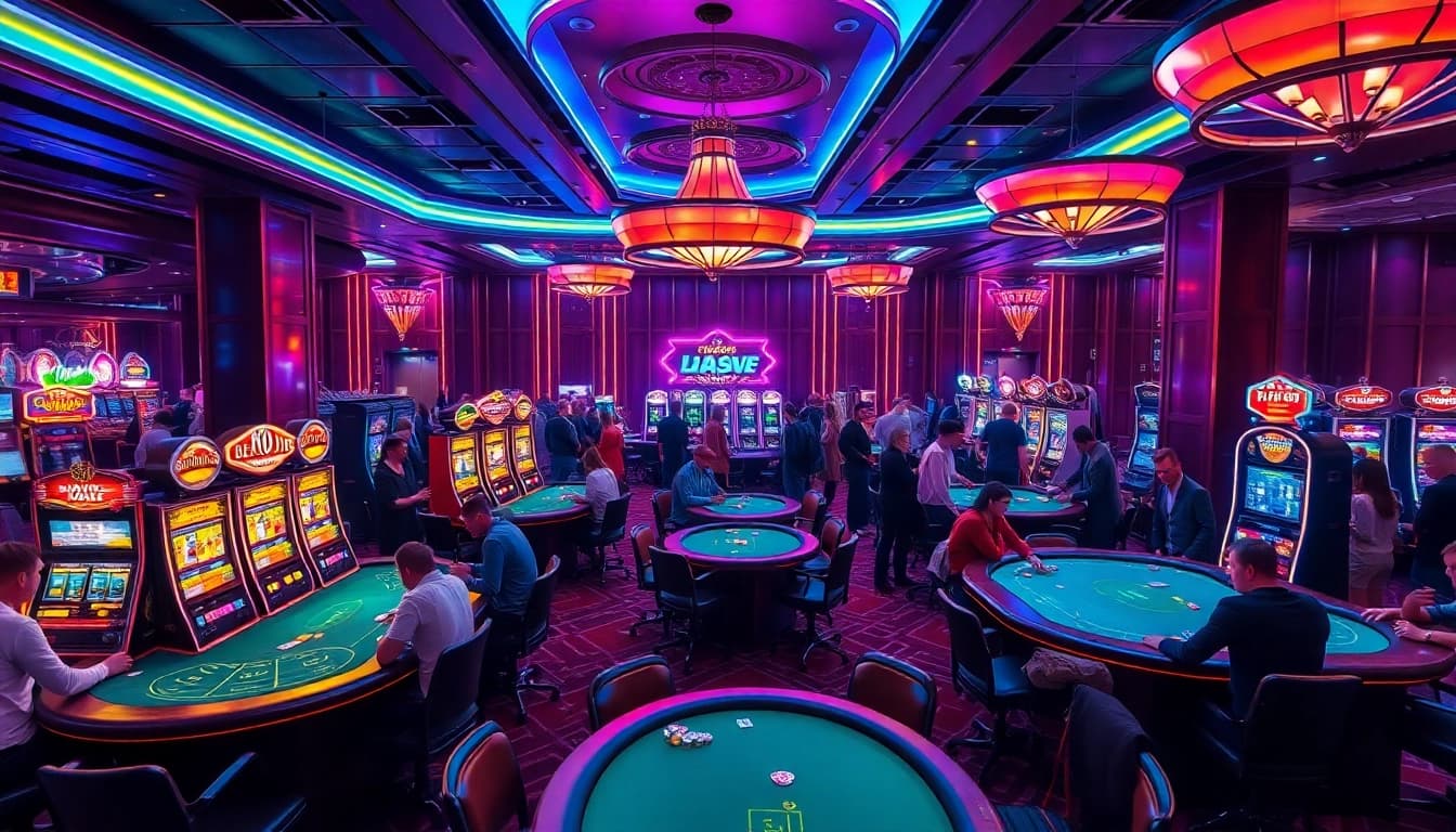 Engage in y3娛樂 at a vibrant casino setting with energetic players and colorful neon lights.