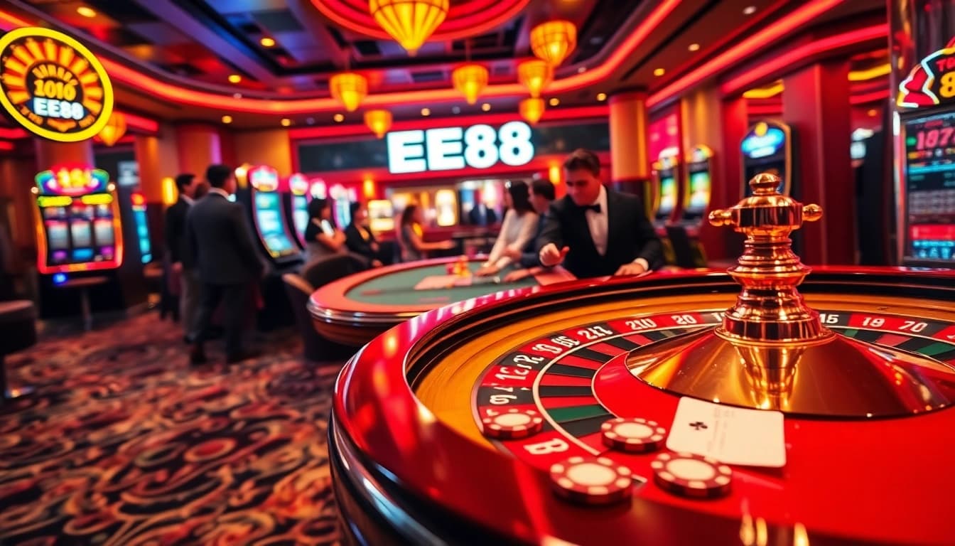 Experience the vibrant atmosphere of EE88 with players joyfully engaging in high-stakes betting at a luxurious casino.