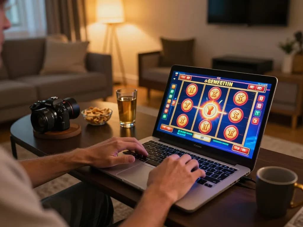 Player engaging with an online slot game on their laptop for sc881, showcasing excitement and responsible entertainment