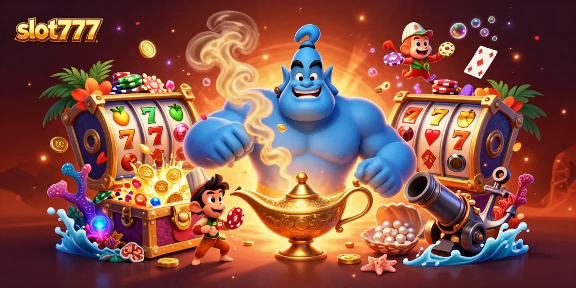 Experience the excitement of slot777 with a magical genie and captivating casino elements in vibrant 3D.