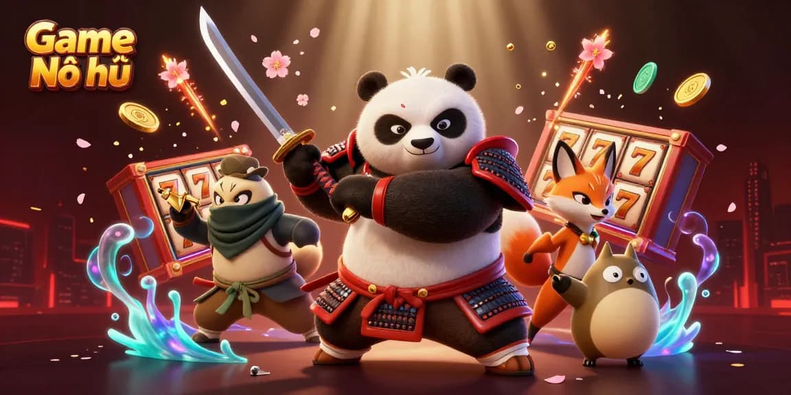 Experience Game Nổ hũ with a dynamic 3D scene showcasing a panda samurai and ninja fox amidst vibrant slots and gold coins.
