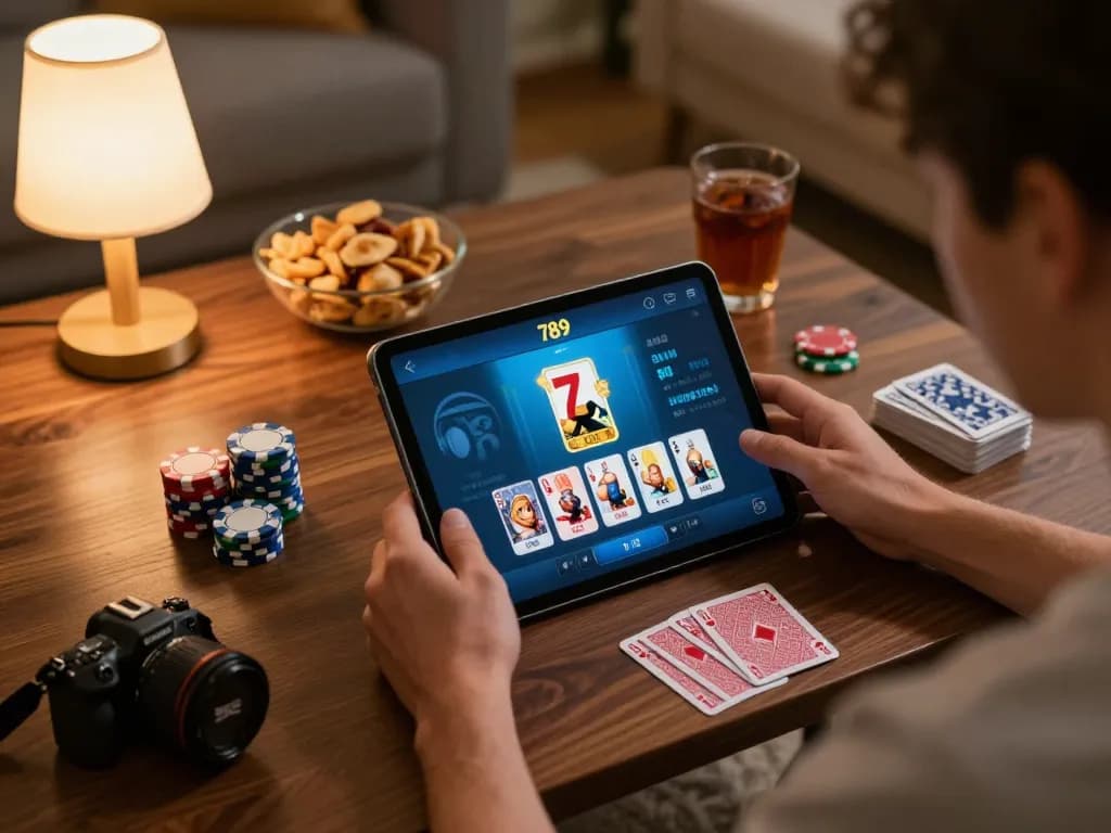 Engaging player enjoying the 789 CLUB app while planning strategy with poker chips on a cozy home setup.