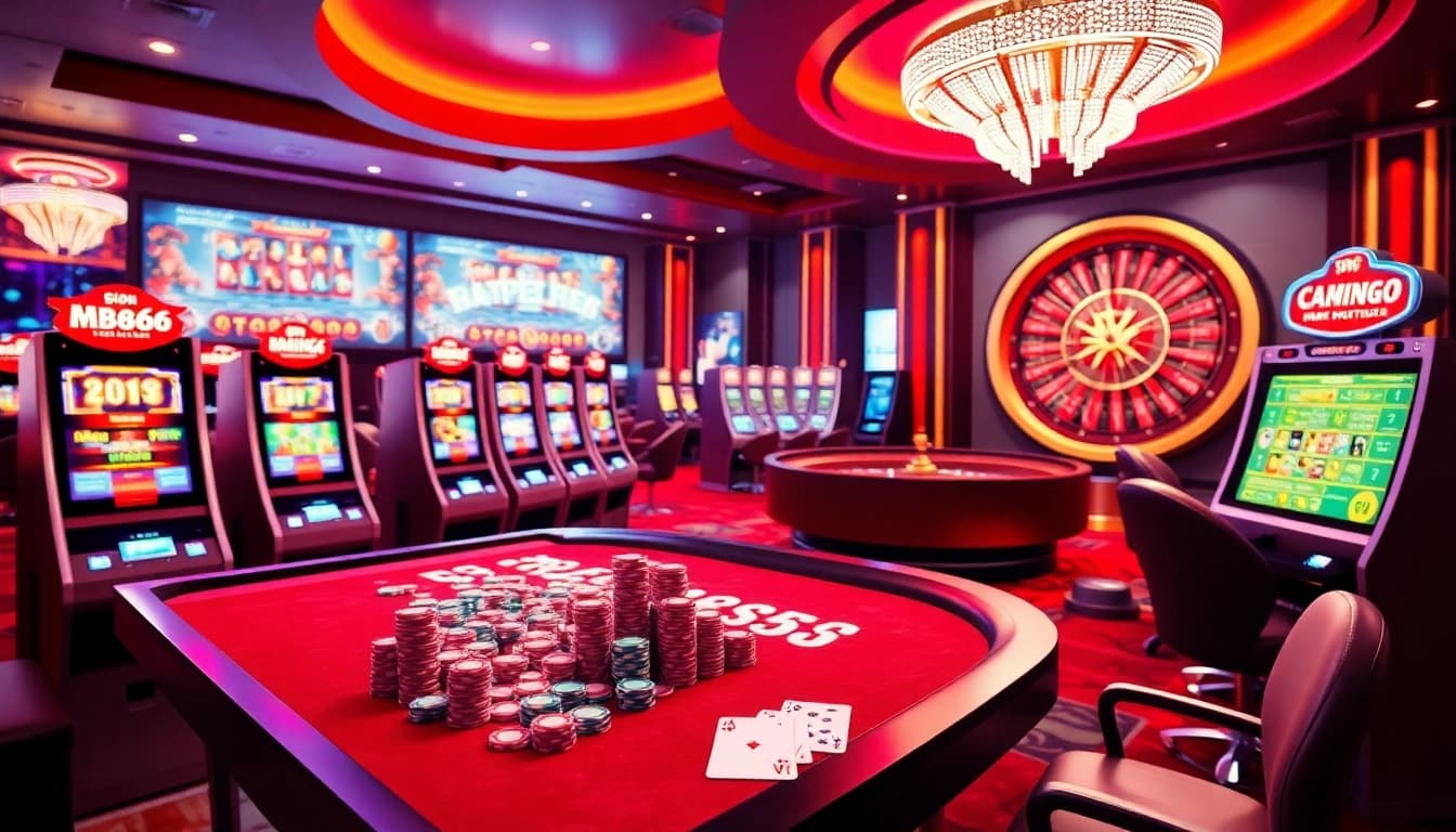 Experienced gamblers engage with the MB66 online casino, featuring vibrant tables and exciting game elements.