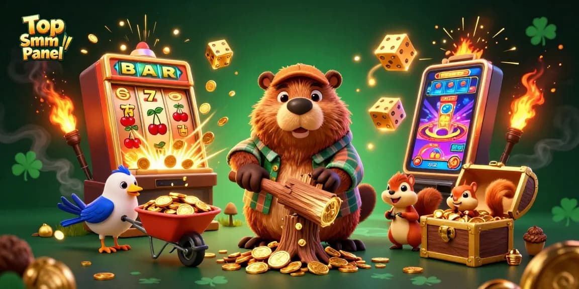Join the action with Top Smm Panel as the lumberjack beaver collects golden coins amidst exciting casino elements.