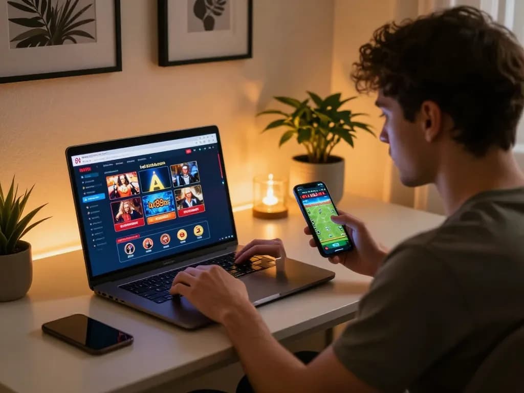 Player engaged in online gaming at lv88cha.com, showcasing modern home setup with laptop and smartphone