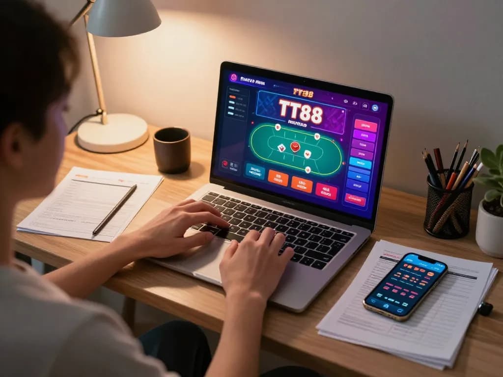 Engaging in TT88 online casino gaming from a modern home setup, showcasing a strategic betting atmosphere.