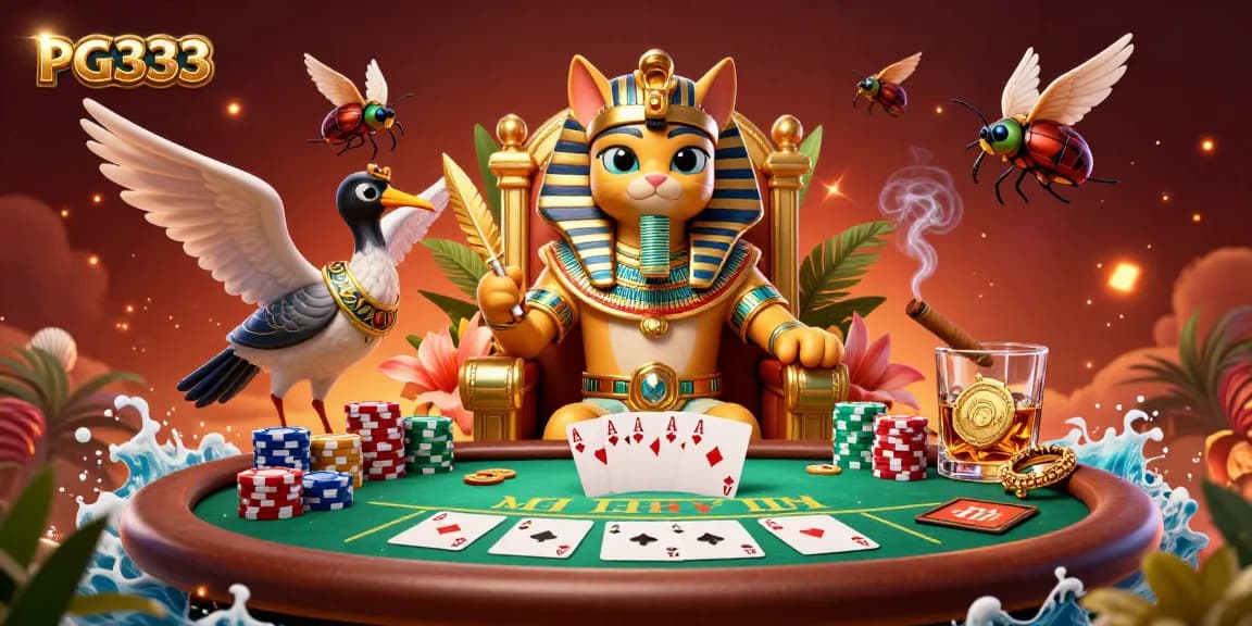 Experience PG333 poker action with a colorful scene featuring an Egyptian pharaoh cat strategy character.