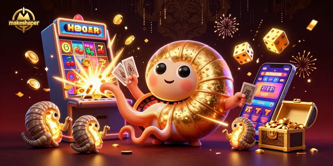 Engage with makeshaper and experience a vibrant casino scene with a giant nautilus and dazzling slots.