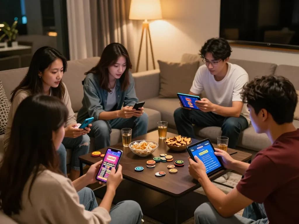 Engaging friends playing mega888 on mobile devices in a cozy living room setting