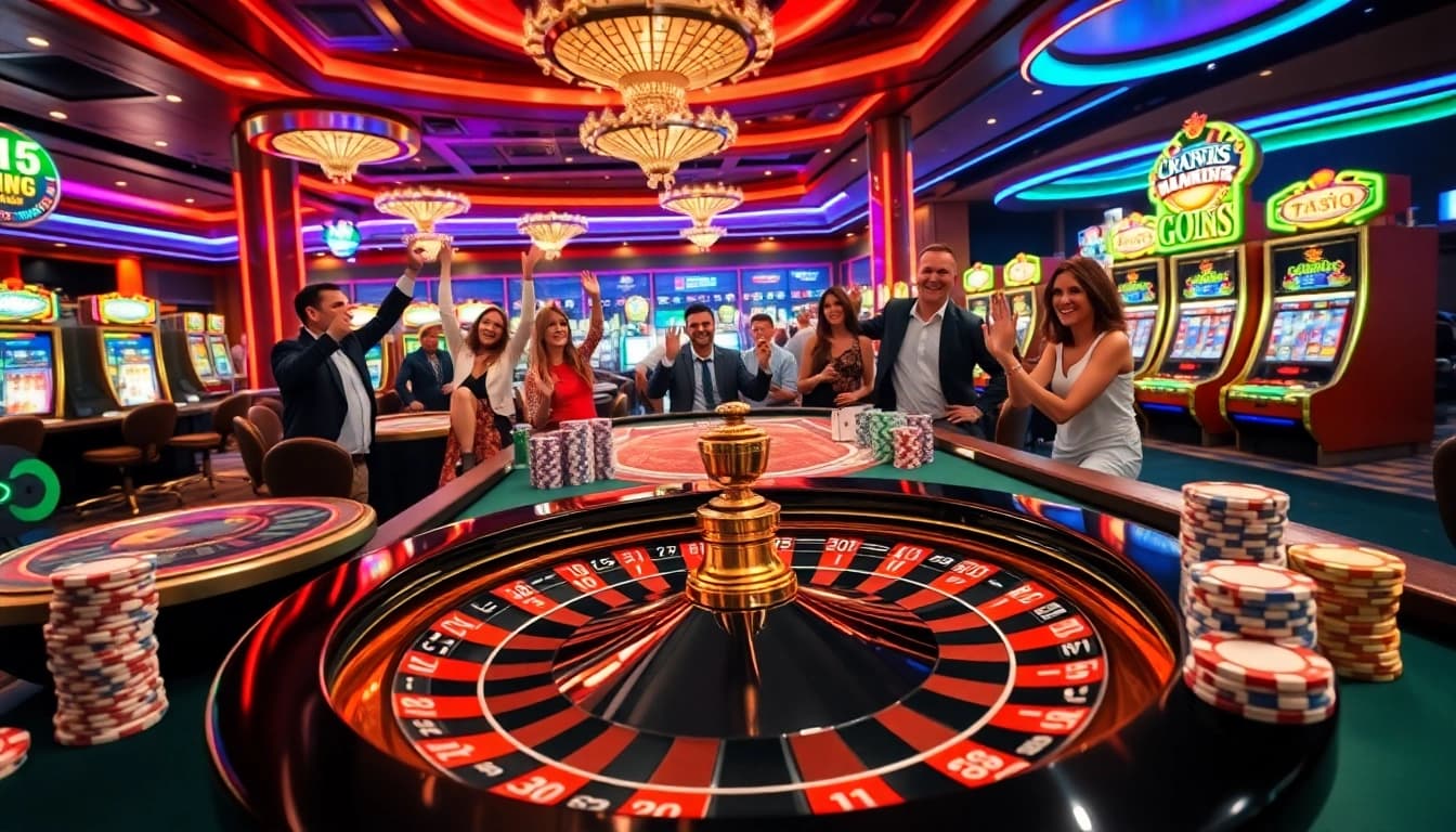 Engaged players celebrating wins at a luxurious casino table scene, highlighting https://nk88.sbs/ online gaming excitement.