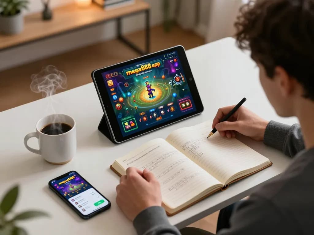 Playing mega888 apk on a tablet in a stylish home office, with strategic notes and coffee nearby.