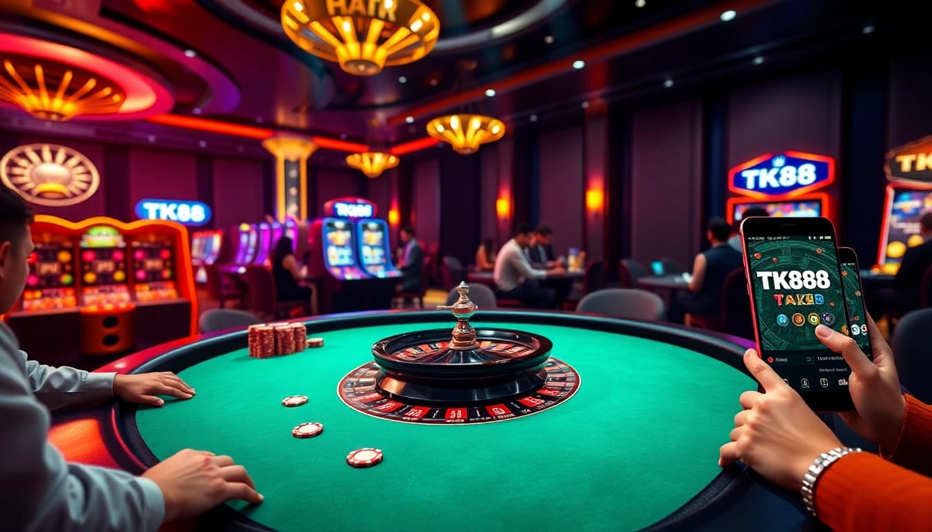 Engage in a thrilling poker game at TK88 casino with vibrant chips and roulette in a luxurious setting.