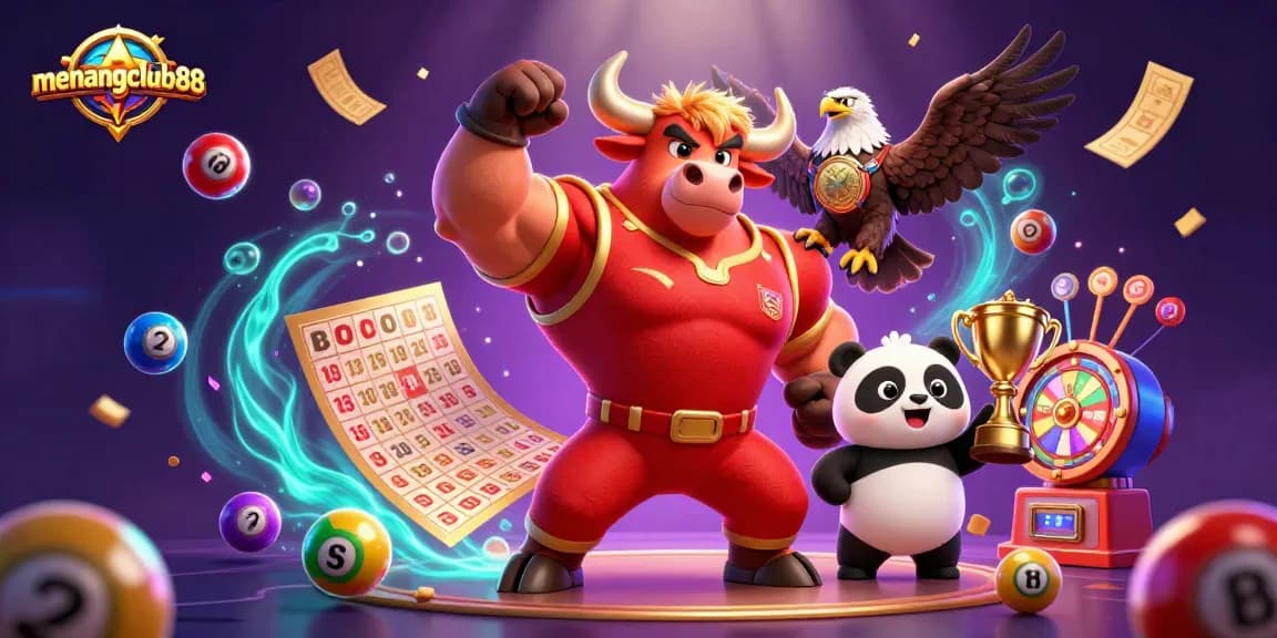 Engage with menangclub88's vibrant lottery celebration featuring a cartoon bull, eagle, and panda!