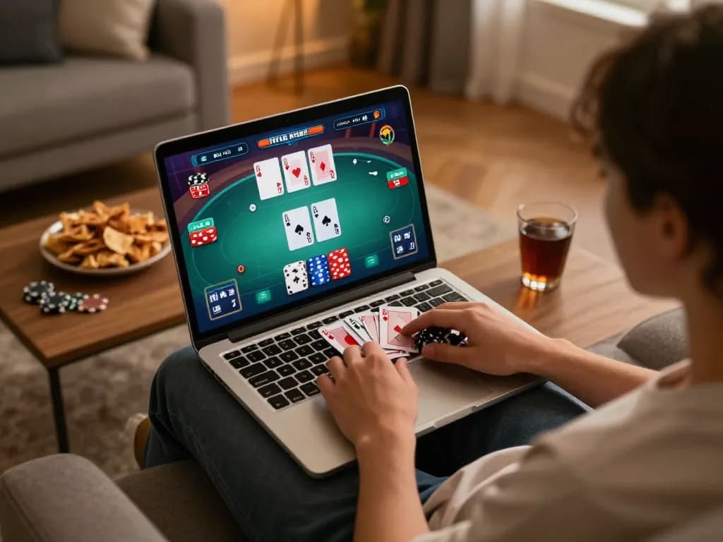 Engaged player strategizing on 555win poker app from the comfort of home.